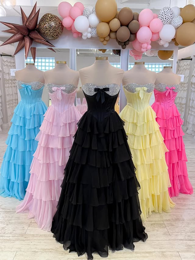 Beaded Strapless Empire Tiered Chiffon Party Prom Dress