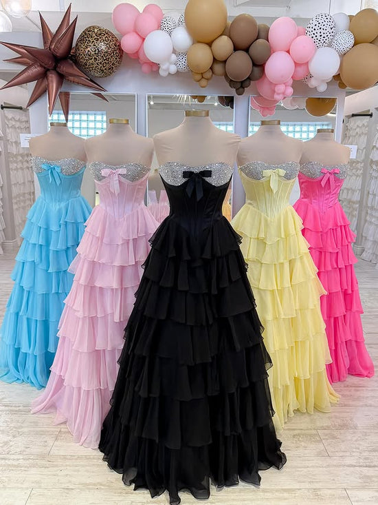 Beaded Strapless Empire Tiered Chiffon Party Prom Dress