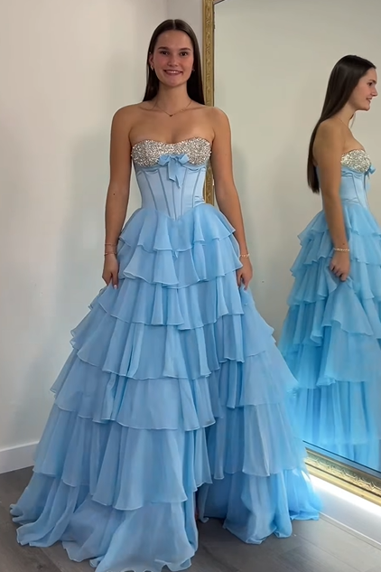 Beaded Strapless Empire Tiered Chiffon Party Prom Dress