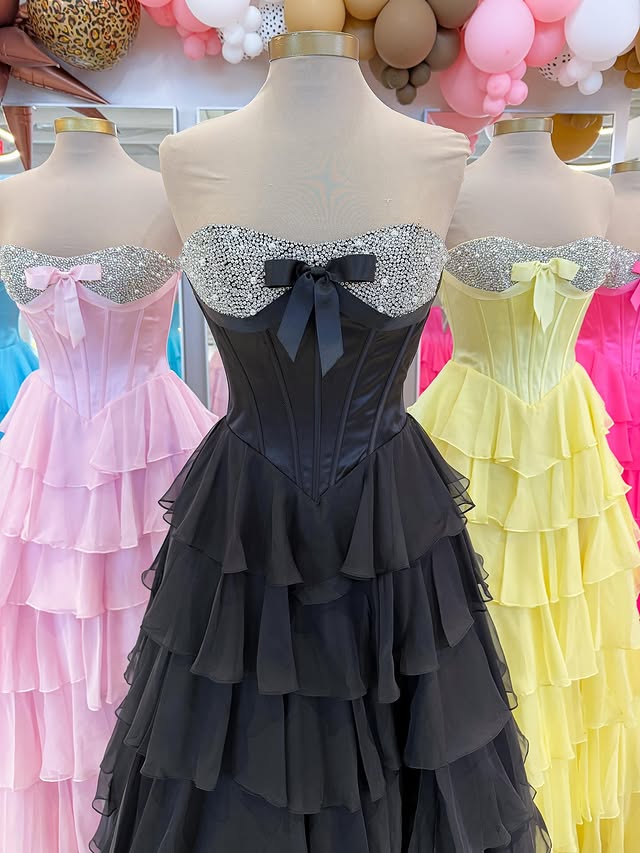 Beaded Strapless Empire Tiered Chiffon Party Prom Dress