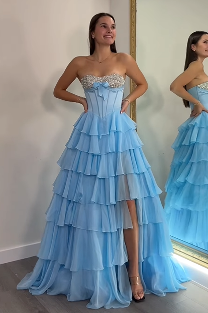 Beaded Strapless Empire Tiered Chiffon Party Prom Dress