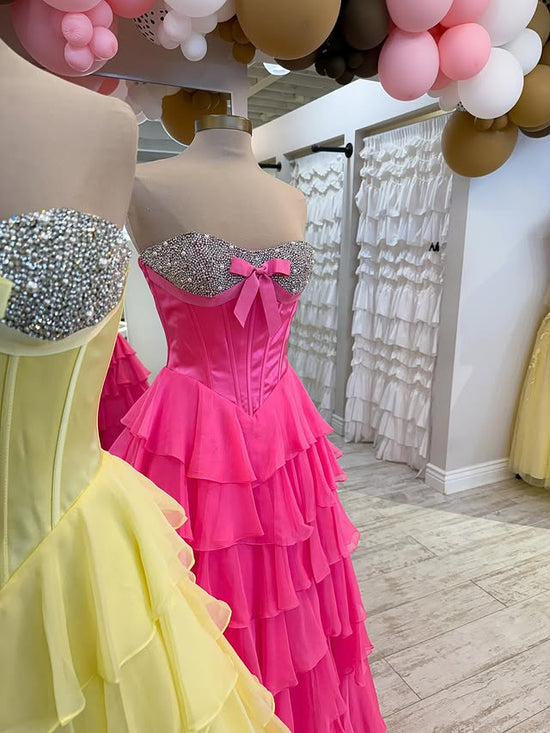 Beaded Strapless Empire Tiered Chiffon Party Prom Dress