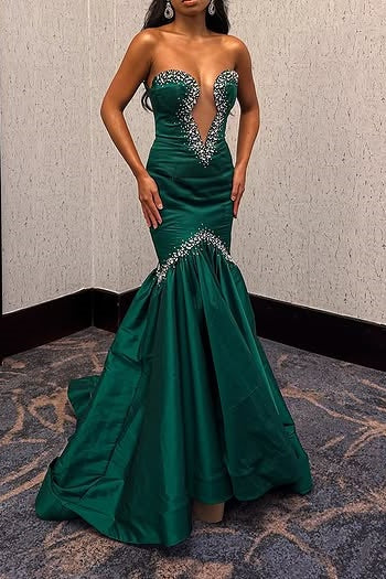 Beaded Strapless Mermaid Satin Illusion Empire Party Prom Dress 