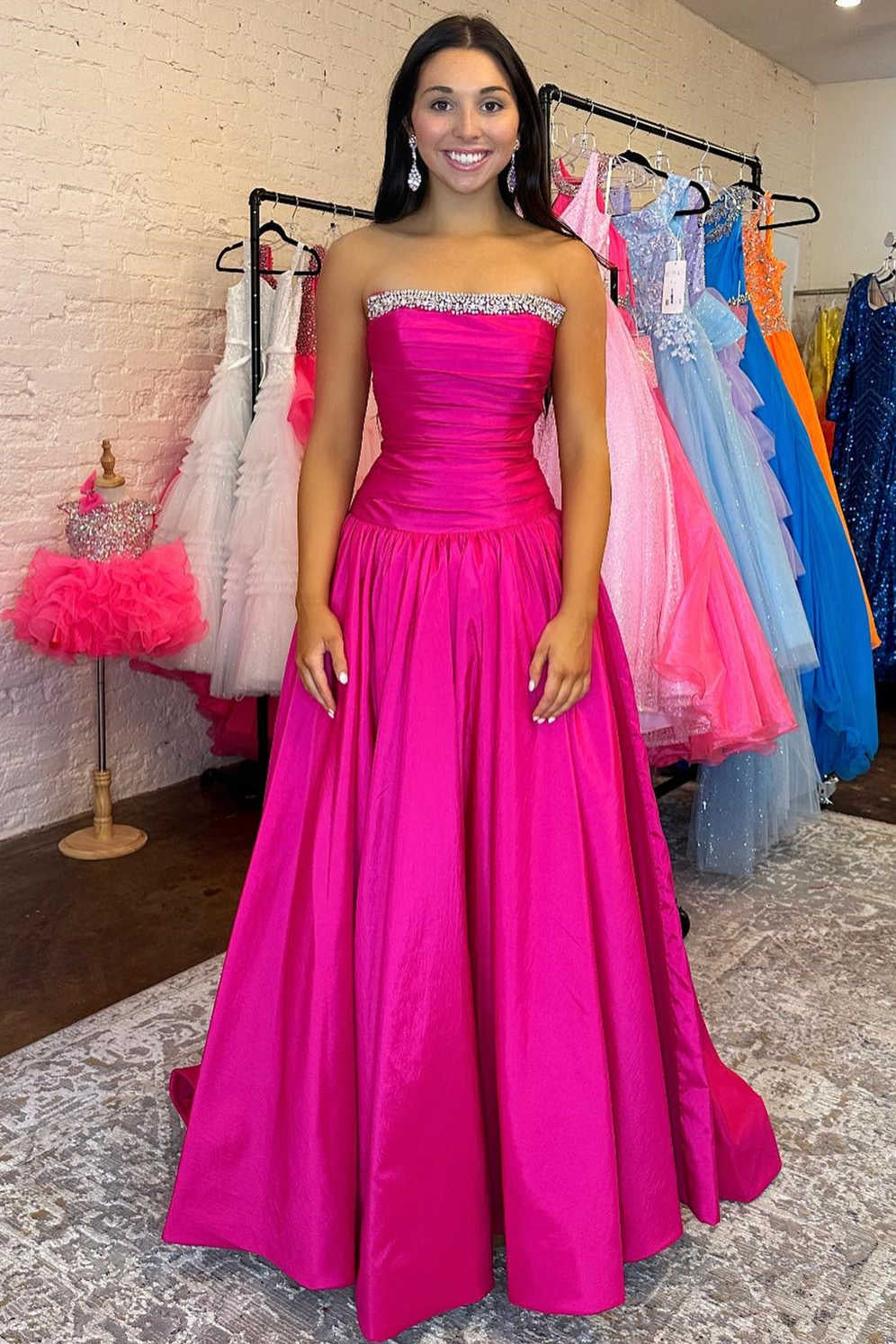 Beaded Strapless Satin A-Line Pleated Party Prom Dress With Train