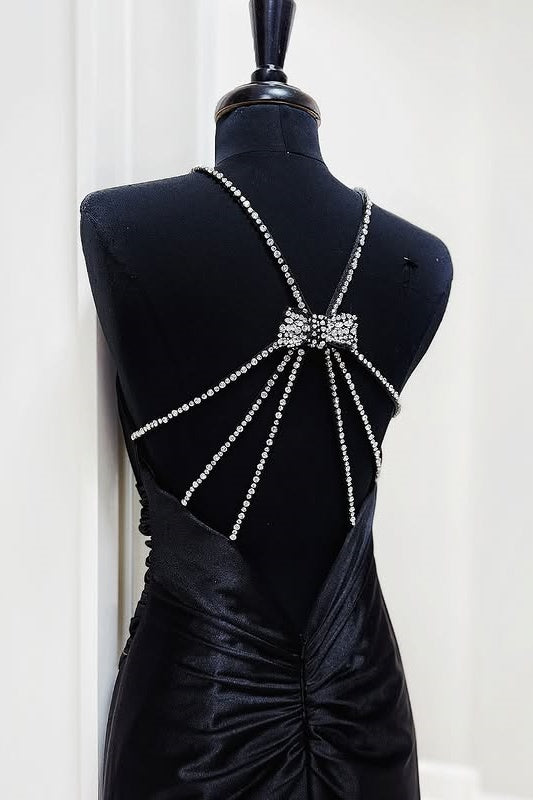 Black Halter Sleeveless Beaded Mermaid Party Prom Dress