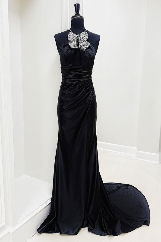 Black Halter Sleeveless Beaded Mermaid Party Prom Dress