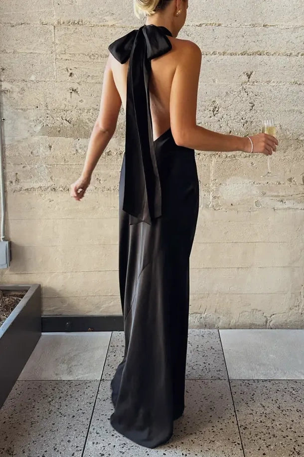 Black High Neck Sleeveless Satin Bridesmaid Dress