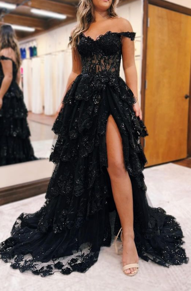 Black Lace Appliques Off-Shoulder Tiered Prom Dress