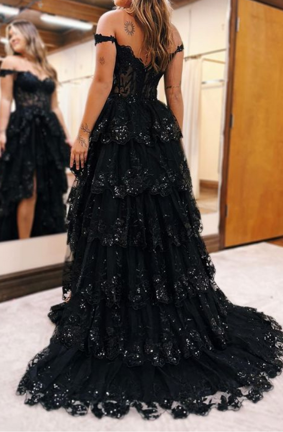 Black Lace Appliques Off-Shoulder Tiered Prom Dress