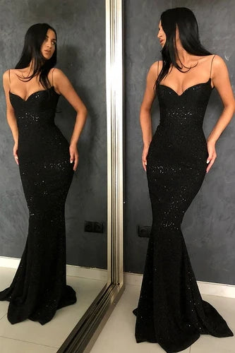 Black Mermaid Sweetheart Spaghetti Straps Sequins Party Dress