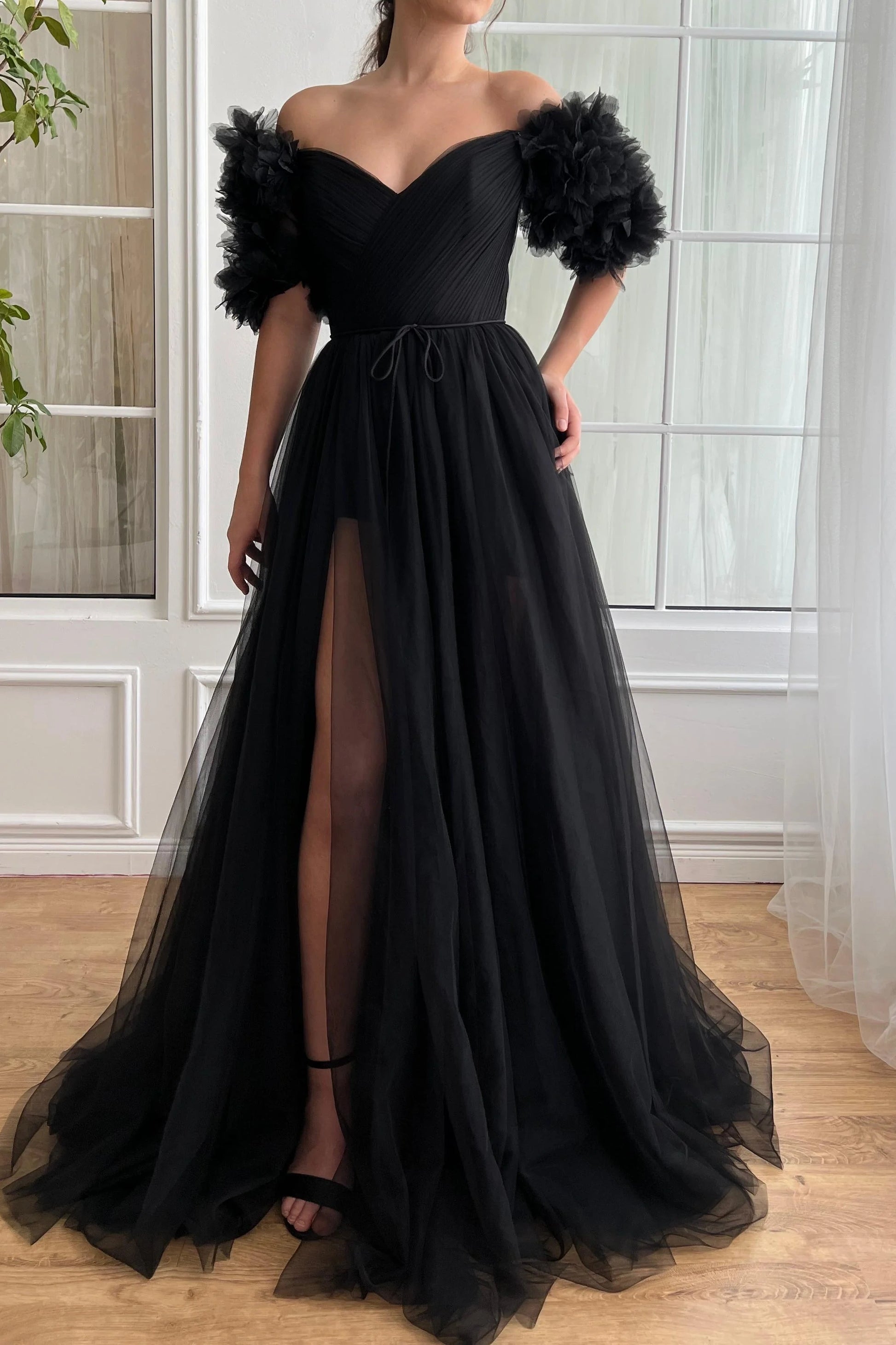 Black Off-Shoulder Tulle A-Line Prom Evening Dress