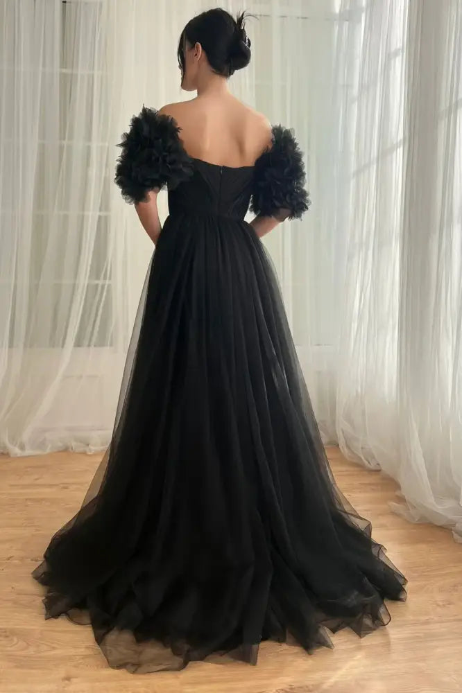 Black Off-Shoulder Tulle A-Line Prom Evening Dress