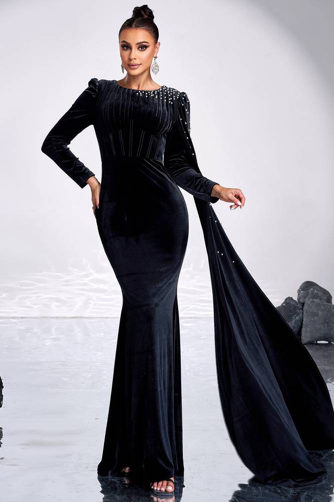 Black Round Long Sleeves Velvet Party Evening Dress