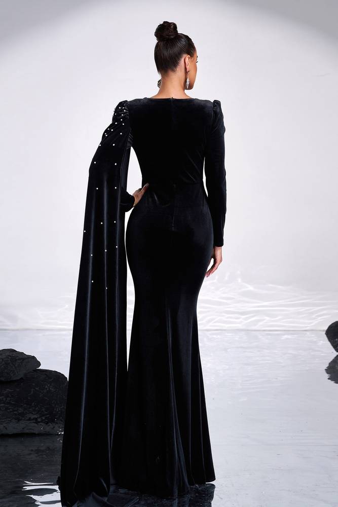 Black Round Long Sleeves Velvet Party Evening Dress