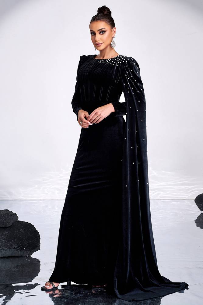 Black Round Long Sleeves Velvet Party Evening Dress