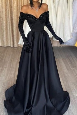 Black Satin A-Line Off-Shoulder Long Sleeves Party Prom Dress