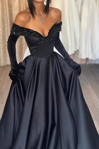 Black Satin A-Line Off-Shoulder Long Sleeves Party Prom Dress