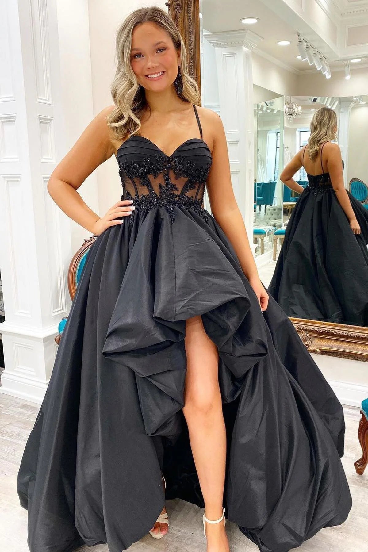 Black Satin A-Line Sweetheart Sleeveless Prom Dress