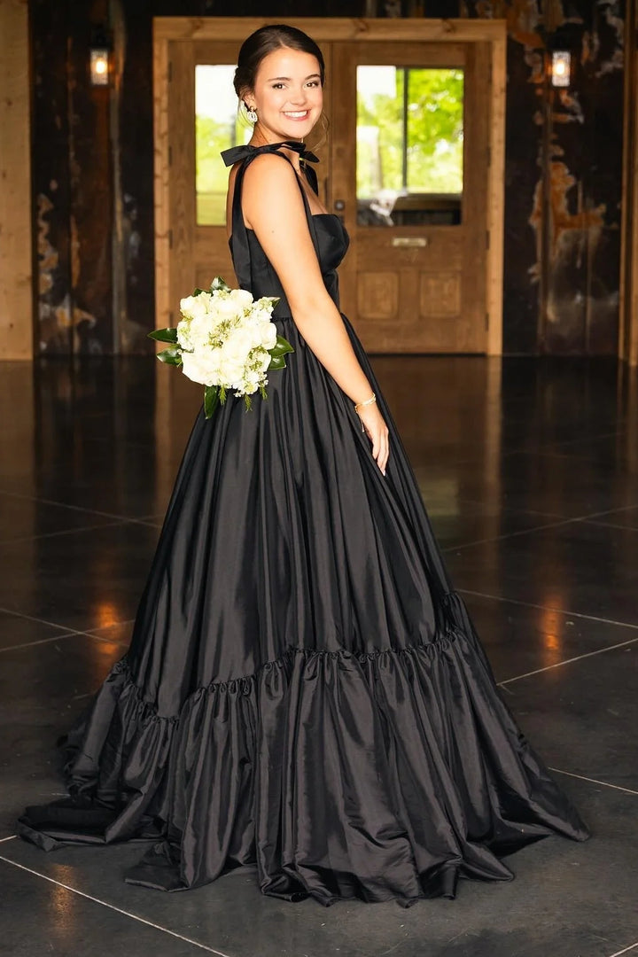 Black Satin A-Line Sweetheart Straps Long Party Prom Dress