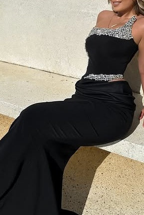 Black Satin Mermaid Strapless Beaded Prom Dress