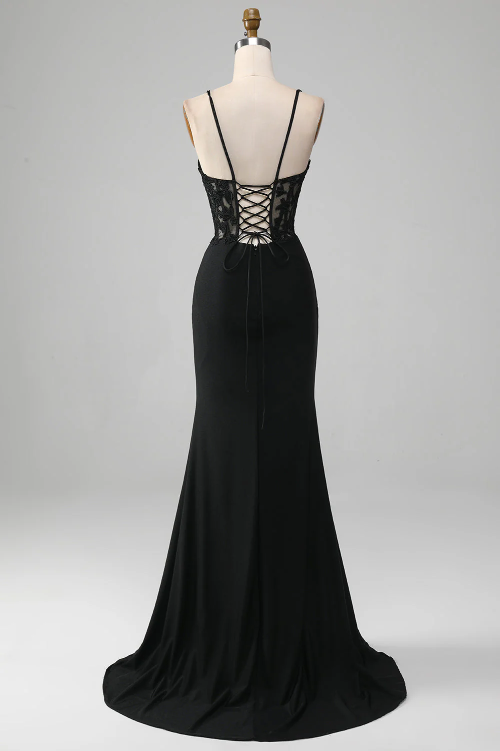 Black Satin Trumpet V-Neck Sleeveless Lace Applique Party Prom Dress