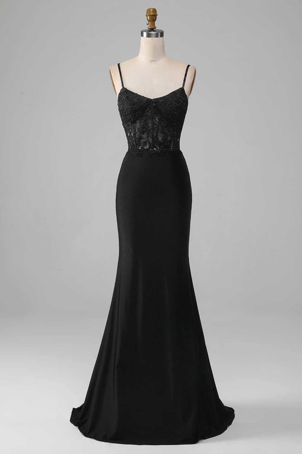 Black Satin Trumpet V-Neck Sleeveless Lace Applique Party Prom Dress