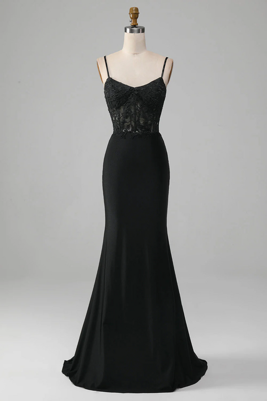 Black Satin Trumpet V-Neck Sleeveless Lace Applique Party Prom Dress