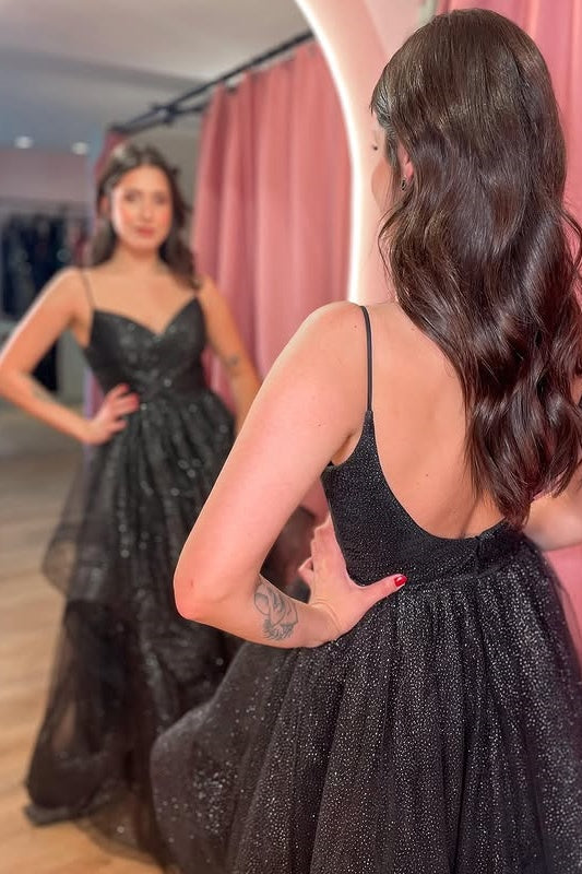 Black Sparkly Tulle A-Line Sleeveless Party Prom Dress