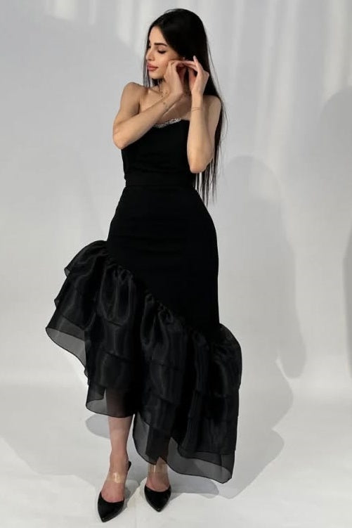 Black Strapless Empire Two Tone Party Dress