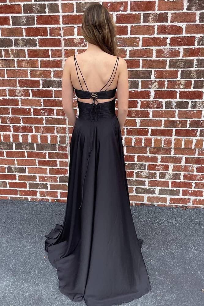 Black Sweetheart Spaghetti Straps Party Prom Dress With Slit