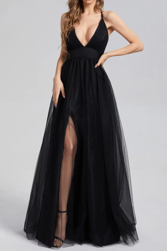 Black Tulle A-Line Low V-Neck With Slit Party Prom Dress