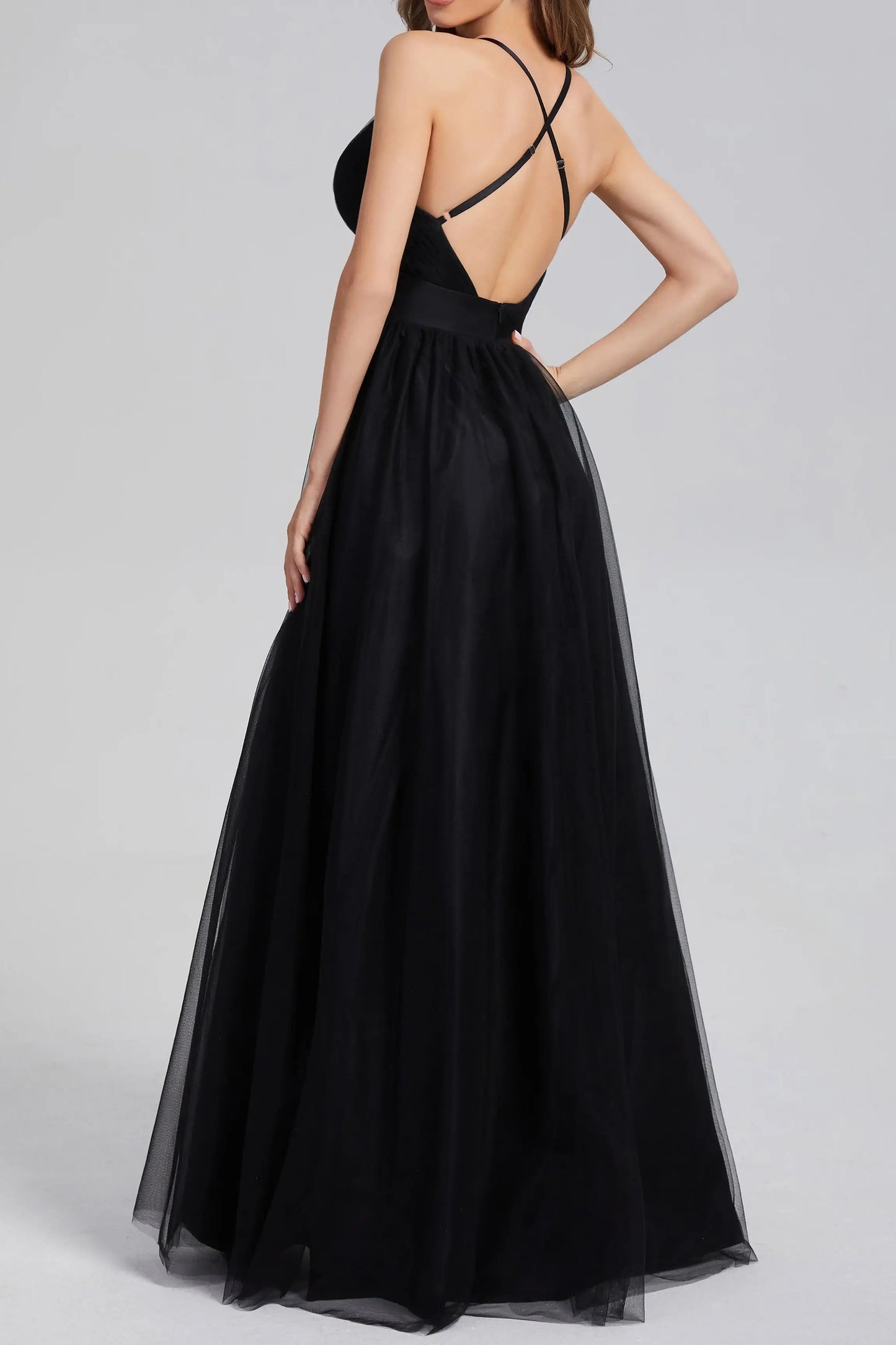 Black Tulle A-Line Low V-Neck With Slit Party Prom Dress