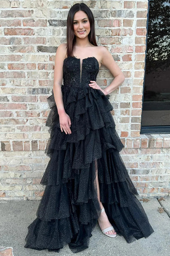 Black Tulle A-Line Tiered Party Prom Dress With Slit