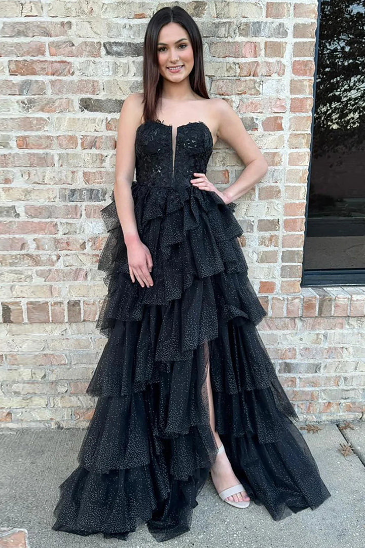 Black Tulle A-Line Tiered Party Prom Dress With Slit