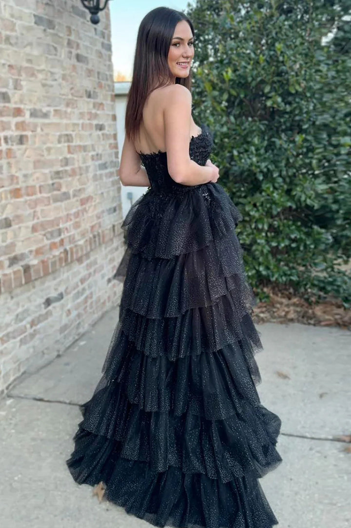 Black Tulle A-Line Tiered Party Prom Dress With Slit