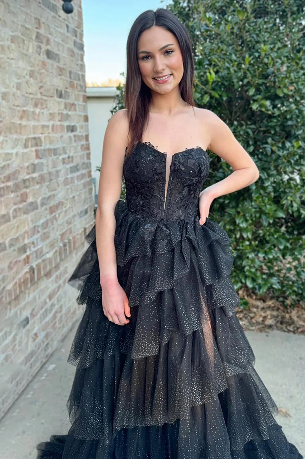 Black Tulle A-Line Tiered Party Prom Dress With Slit