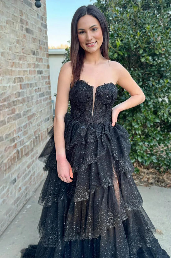 Black Tulle A-Line Tiered Party Prom Dress With Slit