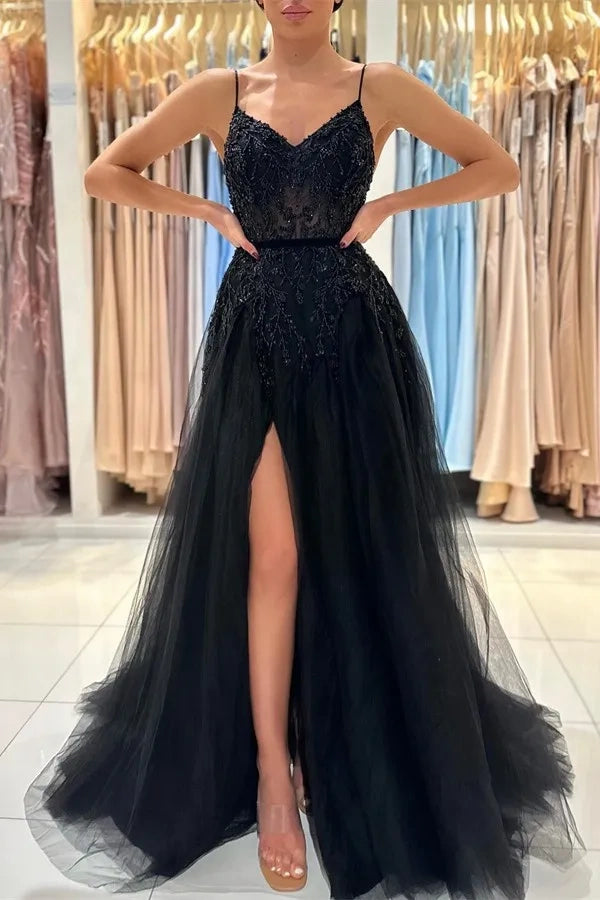 Black Tulle A-Line V-Neck Appliques Party Prom Dress