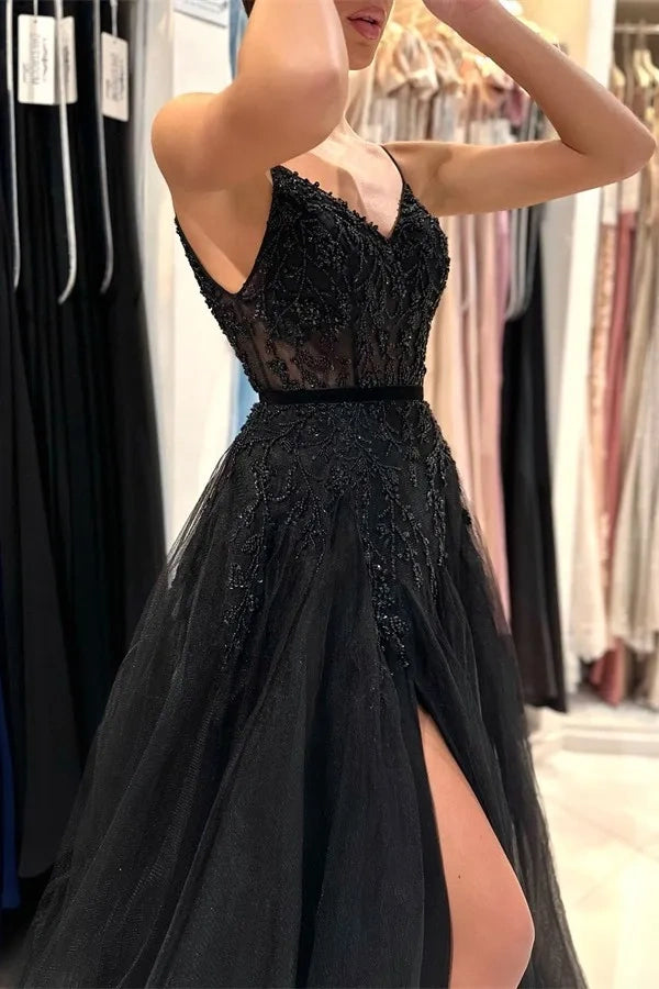 Black Tulle A-Line V-Neck Appliques Party Prom Dress