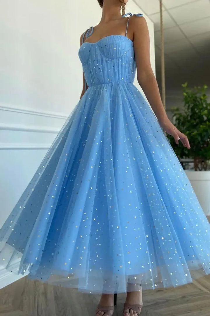 Blue Tulle A-Line Straps Prom Evening Dress