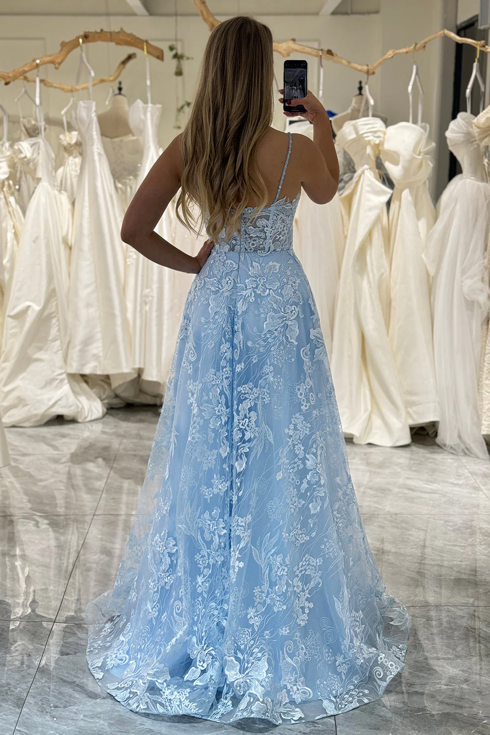 Blue Tulle A-Line Sweetheart Spaghetti Straps Applique Long Prom Dress