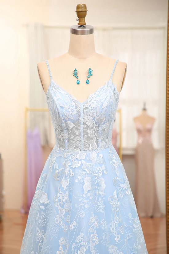 Blue Tulle A-Line Sweetheart Spaghetti Straps Applique Long Prom Dress