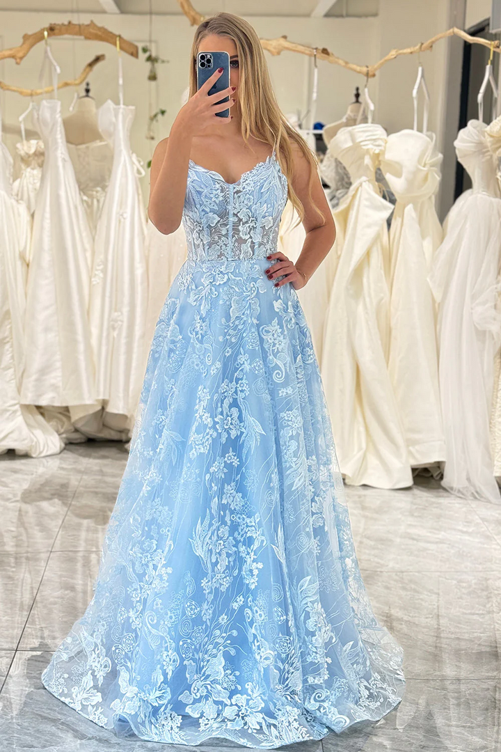 Blue Tulle A-Line Sweetheart Spaghetti Straps Applique Long Prom Dress