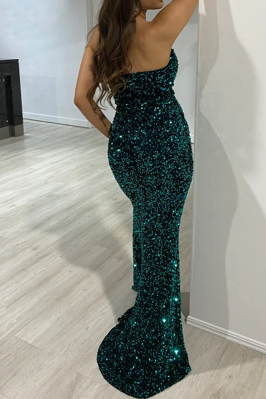 Bodycon Sweetheart Strapless Sequins With Side Slit Party Prom Dress