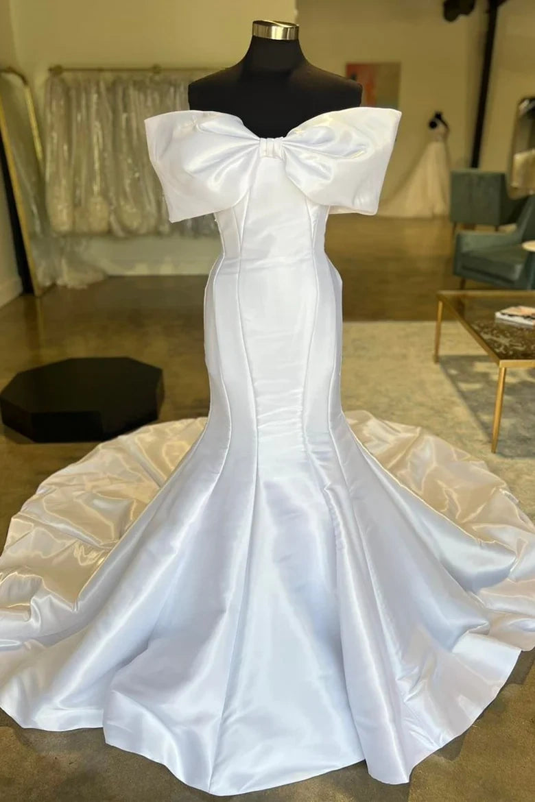 Off-Shoulder Satin Trumpet With Train Long Wedding Dress