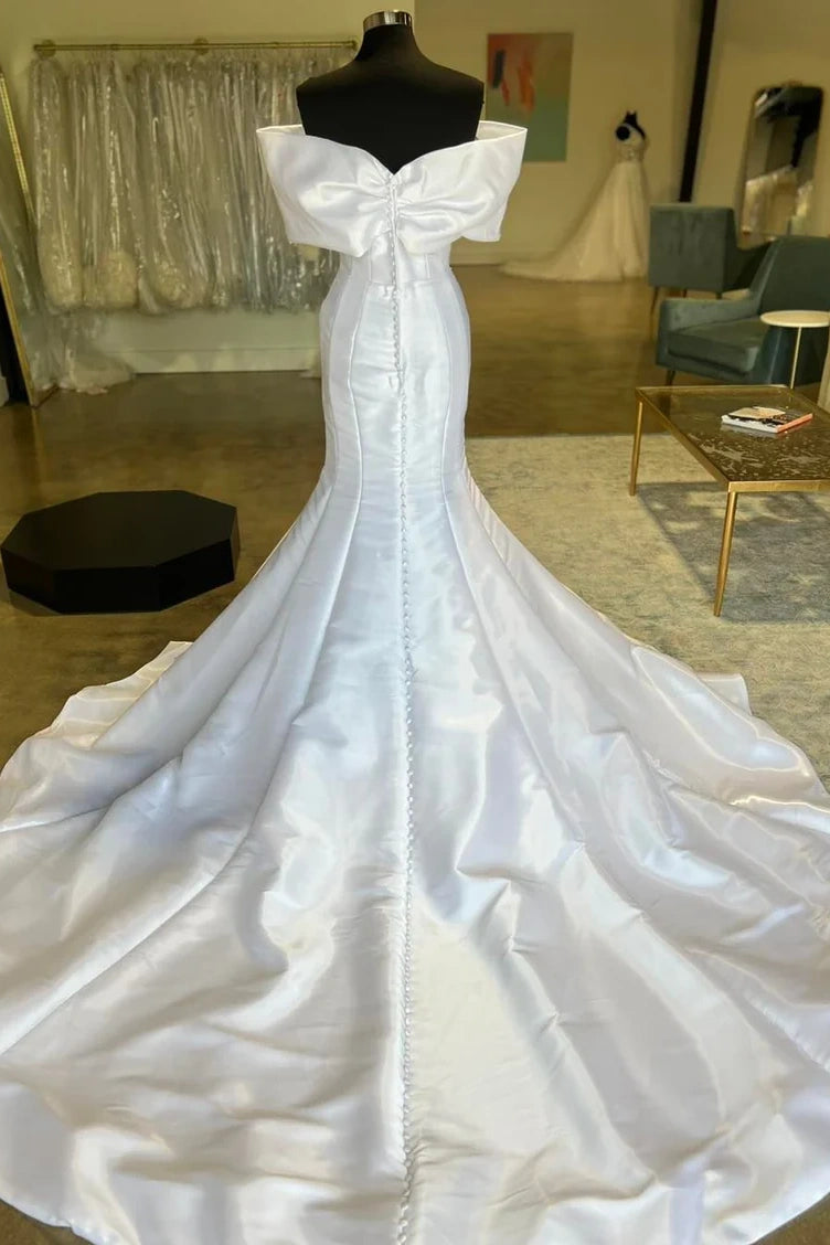 Off-Shoulder Satin Trumpet With Train Long Wedding Dress