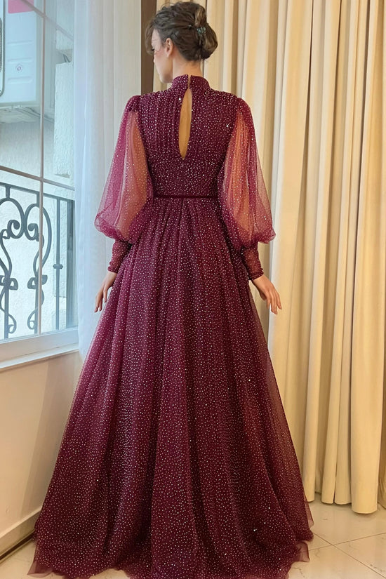 chinese dress ladies Burgundy High Neck Long Sleeves Tulle A-Line Prom Dress – Movousdress
