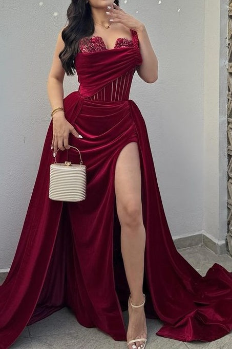 Burgundy Velvet One Shoulder  With Slit Formal Prom Dress