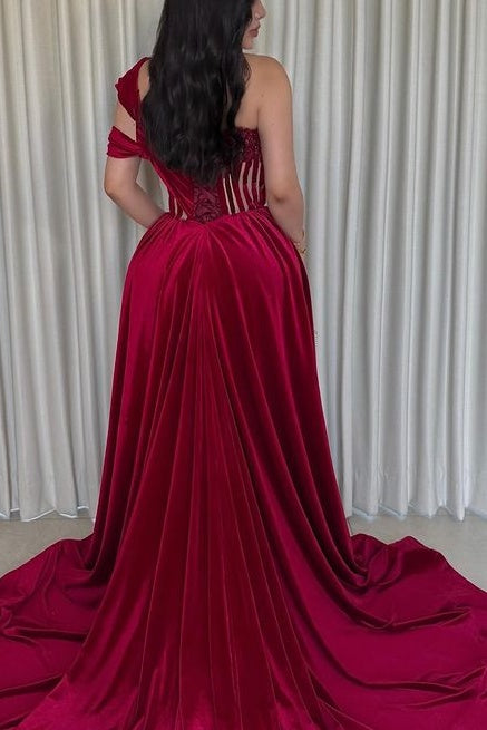 Burgundy Velvet One Shoulder  With Slit Formal Prom Dress