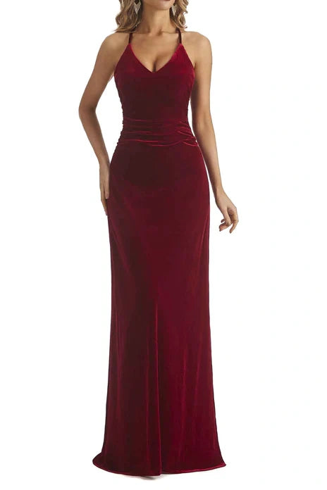 Burgundy Velvet V-Neck Spaghetti Straps Bridesmaid Dress